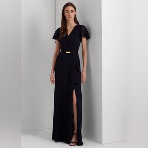 Lauren Ralph Lauren Belted Georgette Gown With Slit, Dark Navy, 12 Petite
